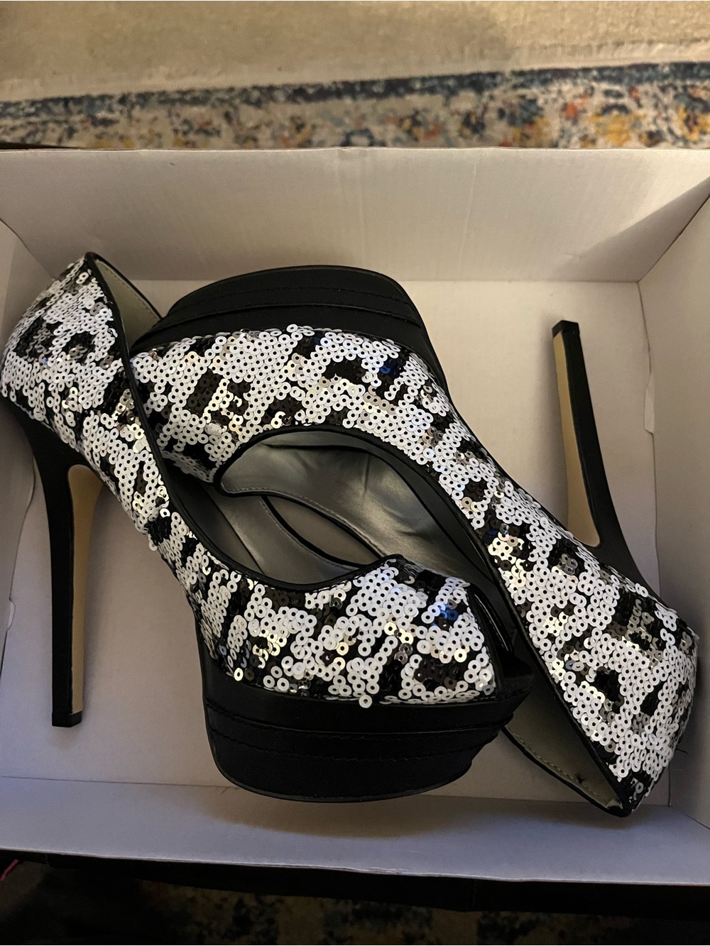 Shoe Dazzle Black & White Sequin Platform Peep-Toe Heels